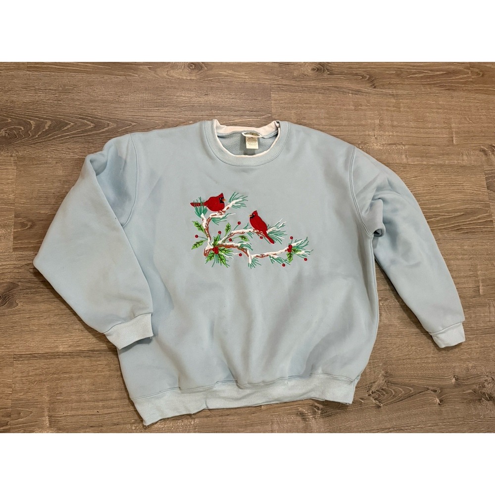 Collections Etc Sweatshirt Womens Size XXL Blue Embroidered Cardinal Winter Bird